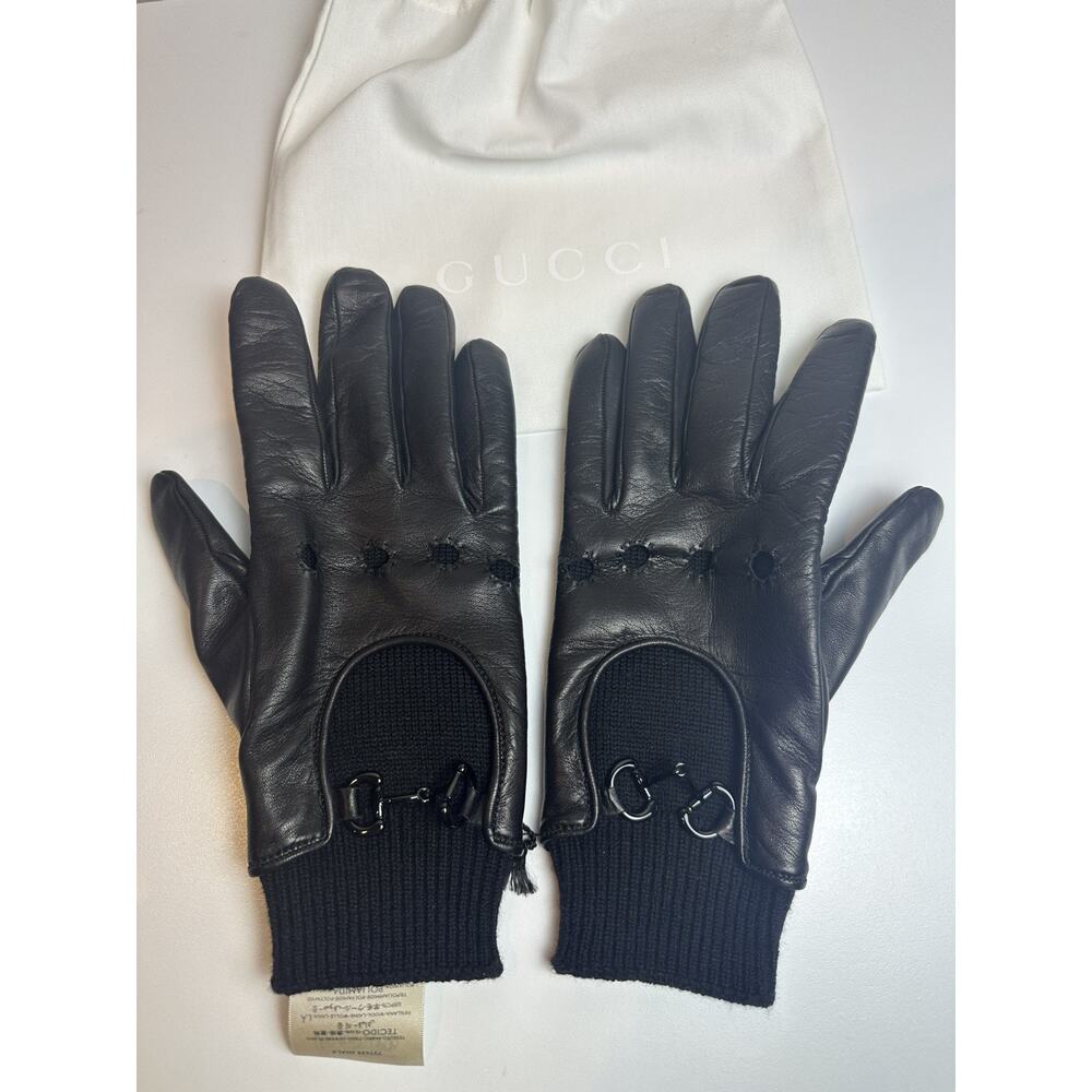 Gucci Horsebit Leather Gloves Black With Knit Cuff Size S/M Men's